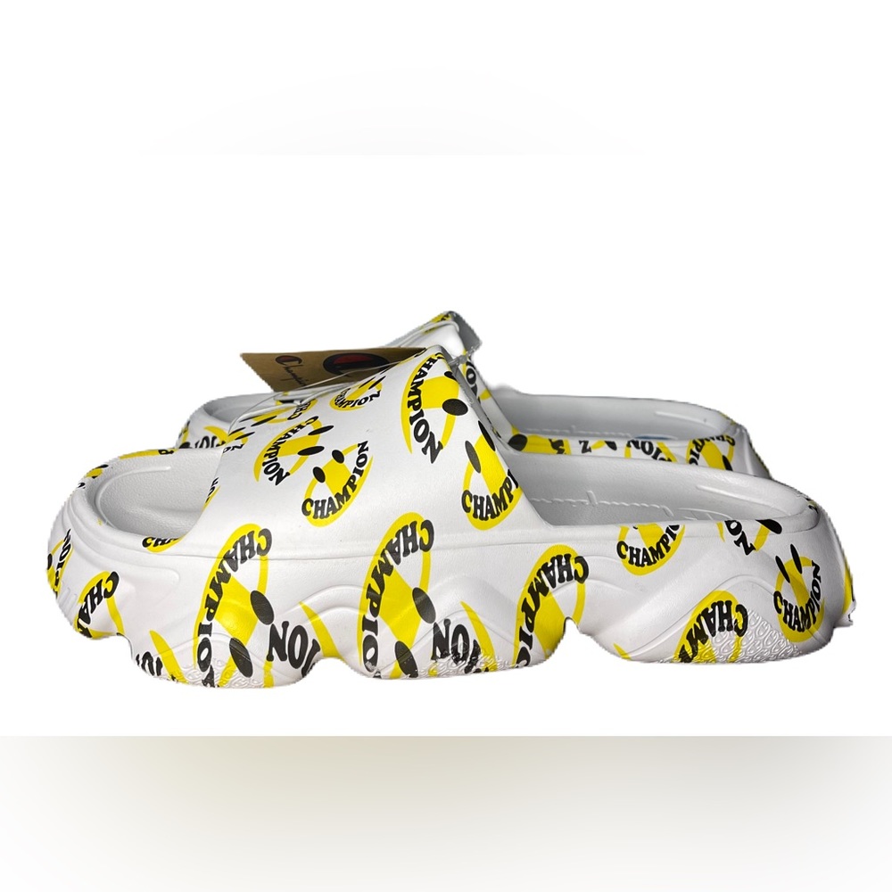 Champion Men's Meloso Squish Smile Slides Sandals White Black Yellow Size 10